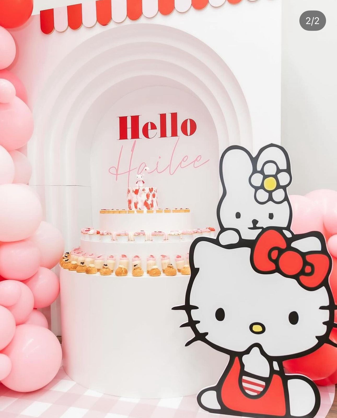 Hello Kitty foam board cutout for kids birthday party by Paper n Co Melbourne
Pink Hello Kitty cutout with bow and stand for baby shower decor
Hello Kitty themed foam board decoration for girls party