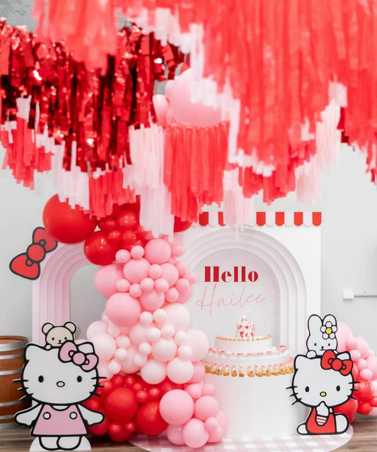 Hello Kitty foam board cutout for kids birthday party by Paper n Co Melbourne
Pink Hello Kitty cutout with bow and stand for baby shower decor
Hello Kitty themed foam board decoration for girls party