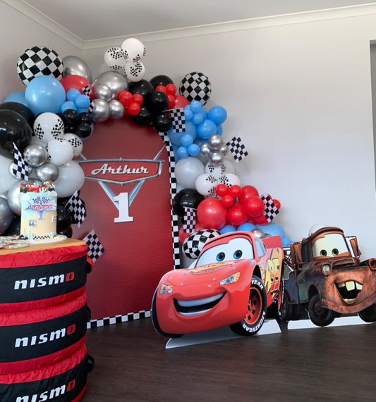 Lightning McQueen Disney Cars cutout for kids birthday party by Paper n Co Melbourne
Disney Cars foam board cutout decor for boys birthday setup
McQueen themed party backdrop and cutout in red and yellow tones