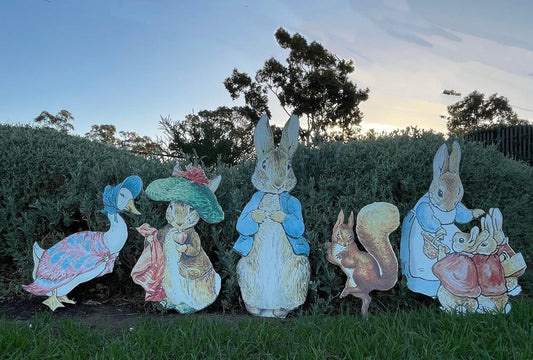 Peter Rabbit and Benjamin Bunny foam board cutouts by Paper n Co Melbourne
Jemima Puddle-Duck and Mother Rabbit cutouts for baby shower decor
Peter Rabbit party cutout set with storybook characters printed on foam board